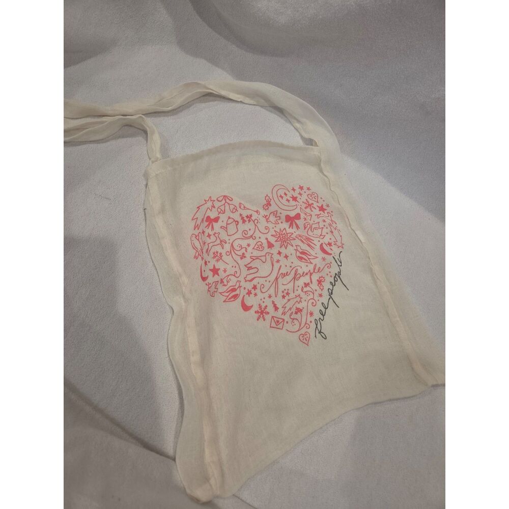 Free People Linen Tote Bag Pink Heart Graphic Doodle Resuable Market Shopping - Picture 2 of 4
